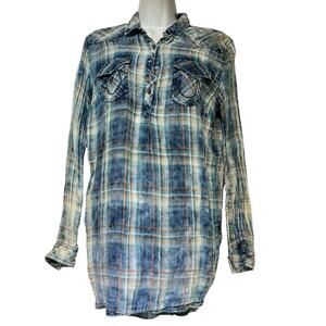 True Religion Gauze Plaid Tunic Shirt Dress Blue Western Grunge Size S
